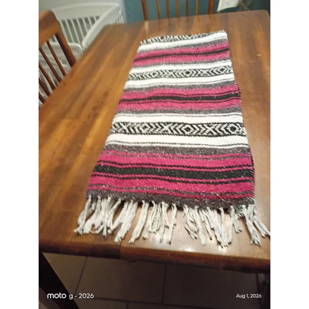 Southwestern Woven Serape Blanket Pink Black White Fringe Boho Camping Blanket